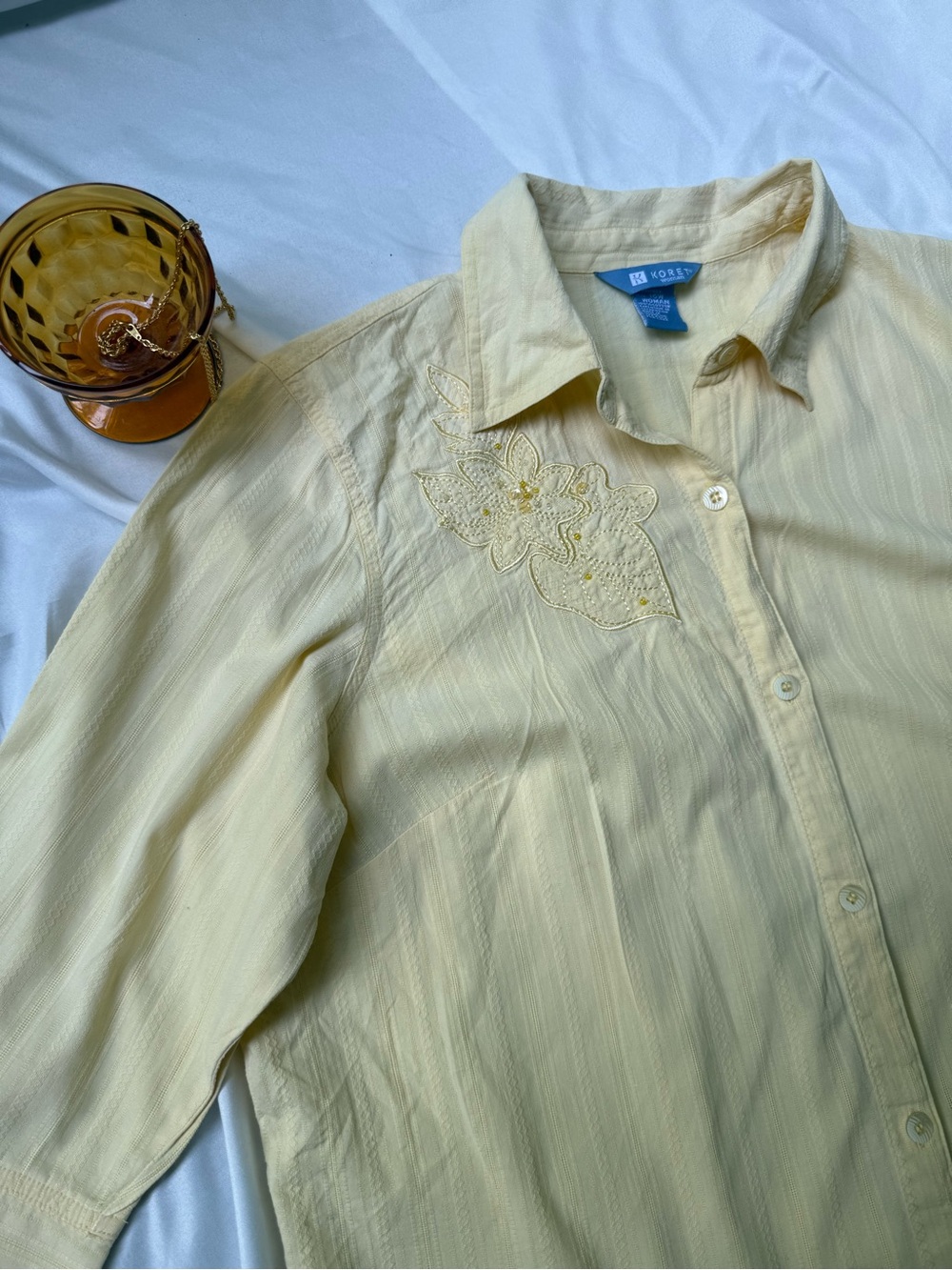 Koret Women’s 16W Yellow Floral Embroidered Beaded 3/4 Sleeve Button Cotton